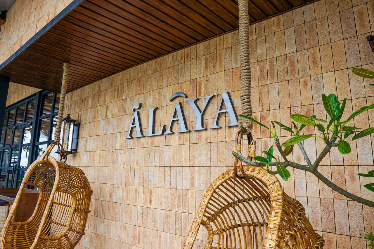 The ĀLAYA wordmark on a sandstone-clad wall, with a hanging rattan chair and potted plants.