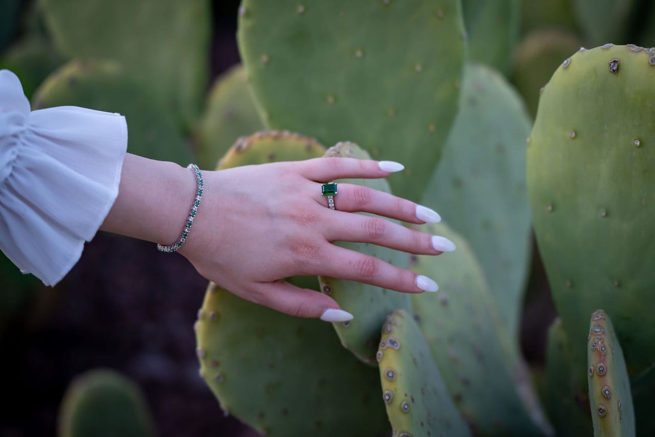 A hand wearing a new engagement ring resting on a prickly pear cactus
