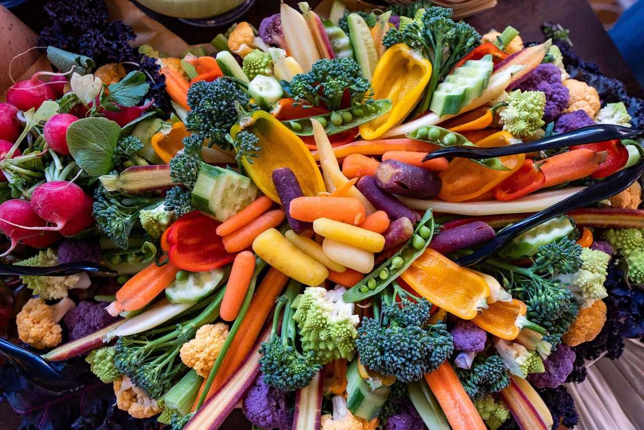 An overhead view of a platter of colourful crudités