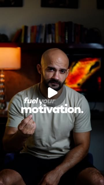 Rish Saini talking to camera in front of bookshelves, with the words fuel your motivation