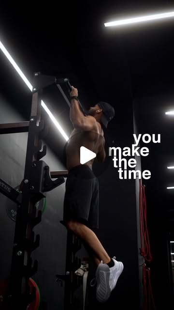 Rish Saini doing pull-ups on a gym rig, with the words you make the time