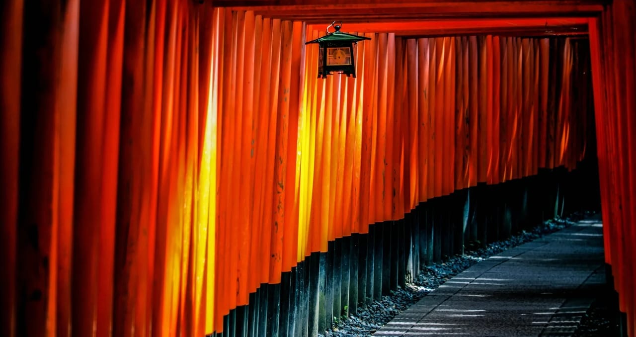 A tunnel of vermilion torii gates over a stone path